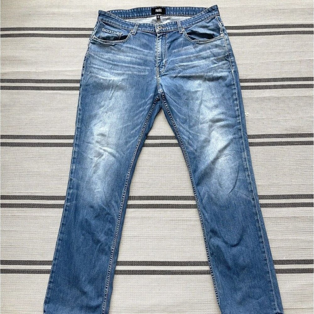 Paige Jeans Mens 36x32 Normandie Light Blue Straight Stretch Denim Distressed